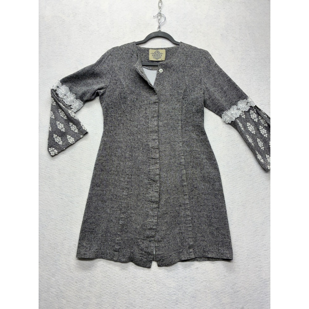 Arshia Luxury Button Front Midi Dress Cottagecore Floral Lace Sleeve 42 Grey